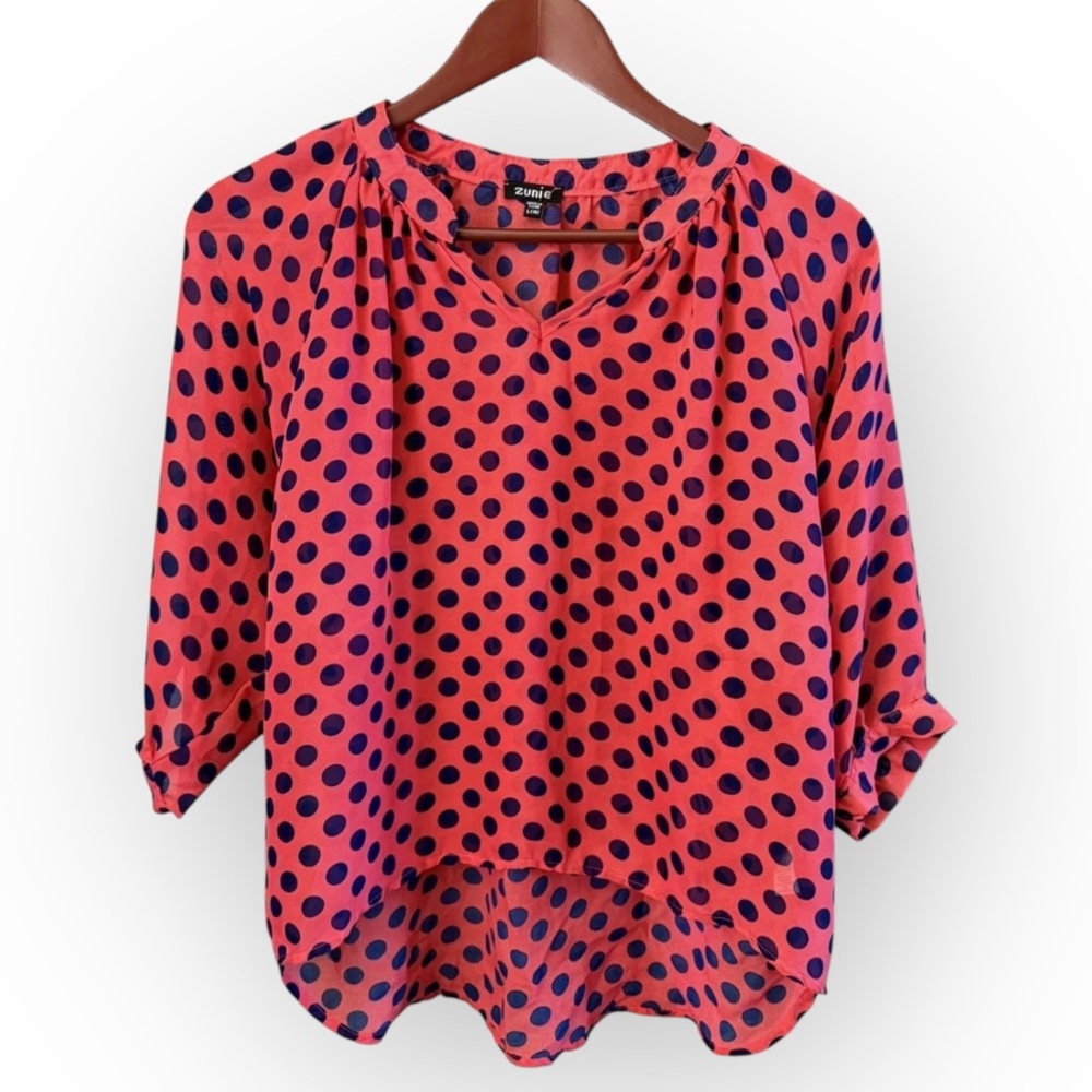 Zunie Juniors‎ Large 14 Fuchsia Pink Polka Dot Blouse High Low Pouf 3/4 Sleeve